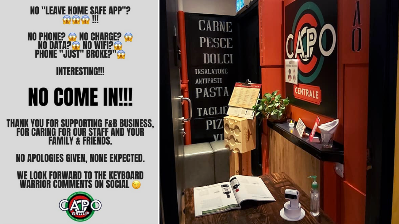 Capo Group, which operates three Italian restaurants in the city, said it reserves the right to refuse customers who do not use the government’s contact tracing app. Photos: Facebook/Capo Centrale