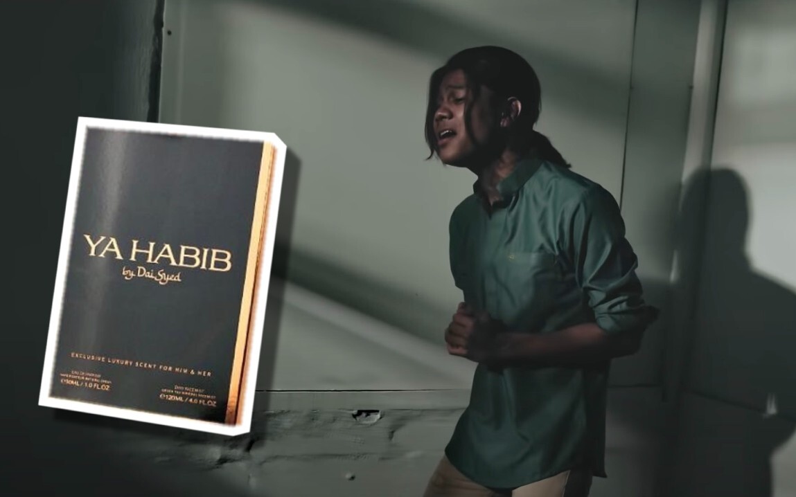 Screenshot of Da’i Syed’s ‘Ya Habib’ music video alongside a box of ‘Ya Habib’ fragrance. Photo: Coconuts