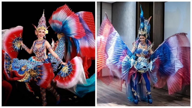 At left, Miss Grand International’s ‘Laos Fighting Fish’ vs. the ‘Siamese FIghting Fish’ for Miss Universe, at right. Photos: Kumphee Arangkarn / Facebook, Thailand TPN