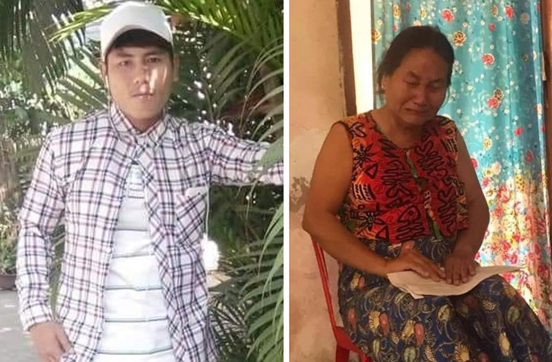 Man Sun Khaing, at left, before he vanished at a protest earlier this month. His mother, at right, cries at his funeral several days later in photos from his family circulating on social media.