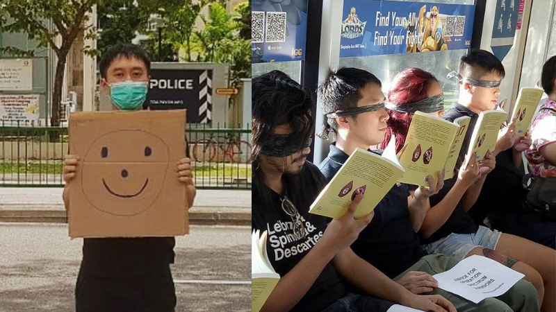 At left, Wham holding a cardboard sign with a smiley face last year and another public assembly in 2017, at right. Photos: Jolovan Wham/Facebook
