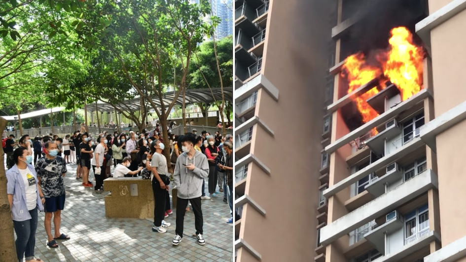 The fire broke out in a 14th floor unit in Hiu Kwai House, Kwai Chung Estate. Photos: Apple Daily (left) and Facebook/Wing Cheung (right)