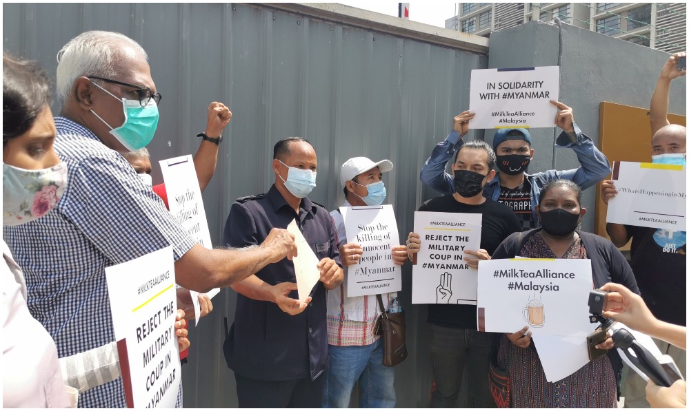 People outside the Myanmar Embassy in Kuala Lumpur. Photo: Milk Tea Alliance Malaysia/Twitter