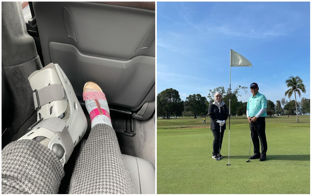 The queen’s injured foot, at left, and her day at the golf course with the king. Photos: Airtangan_tunkuazizah/Instagram

