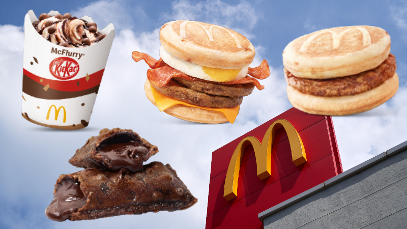 Clockwise from left: KitKat McFlurry, McGriddles Stack, Sausage McGriddles, and chocolate pie. Photo: McDonald’s Singapore
