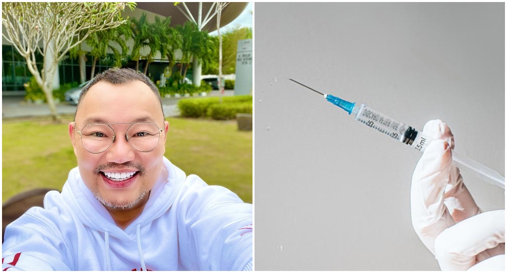 Michael Ang takes a selfie, at left, and a file photo of a syringe, at right. Photos: Michael Ang/Instagram and GP Online/Facebook
