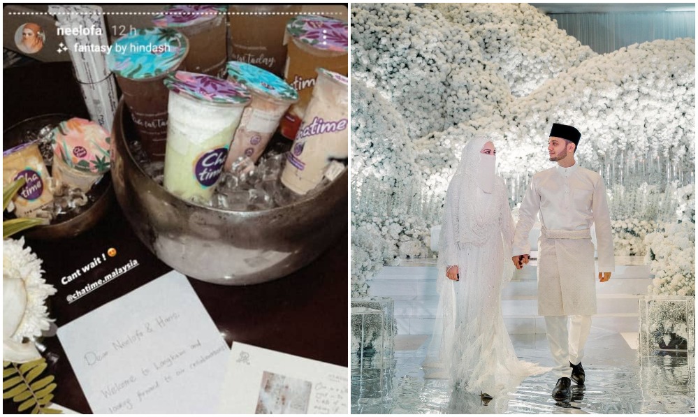 Neelofa posts a photo of Chatime drinks, at left, and walking with Harris on their wedding day, at right. Photos: Neelofa/Instagram
