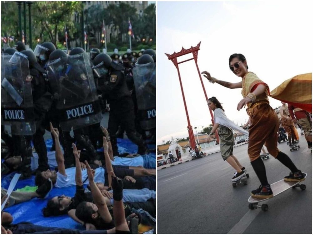 Riot police move in on anti-government protesters lying on the ground on Sunday, at left. At the same time nearby, hundreds participated in a government-backed surfskating event without interruption, at right. Photos: Watanya Wongopasri, iLaw
