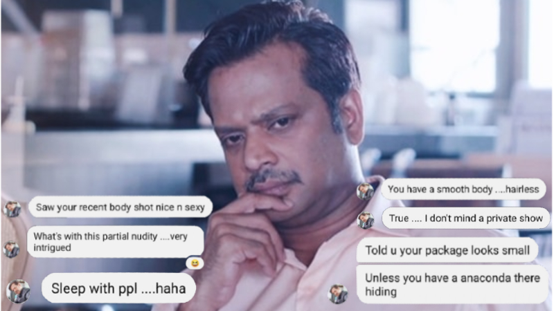Snippets of text messages that actor G Selvananthan has been accused of sending by an actor half his age superimposed atop a promotional photo for one of his dramas. Original photo: Mediacorp
