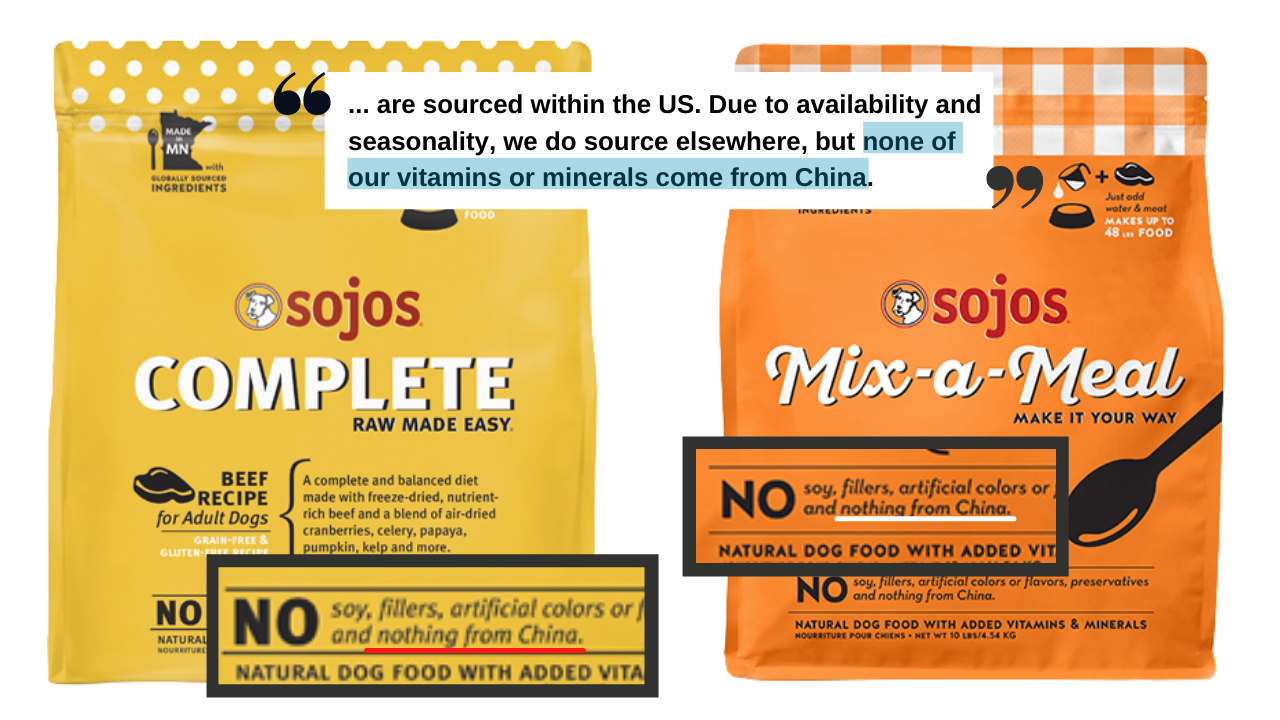 The packaging for Sojos’ pet food, and an FAQ section on the company website, state explicitly that no ingredients from China are used. Photo: Sojos