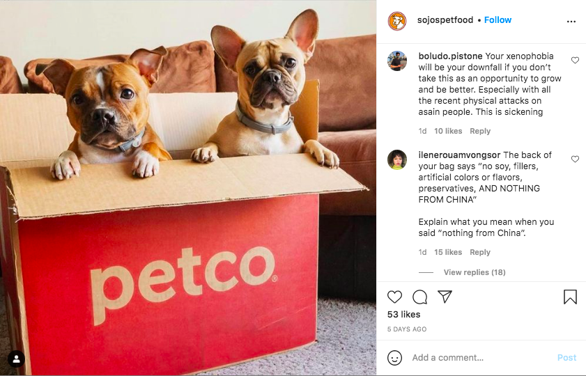 On Instagram, users left comments accusing Sojos of xenophobia and fueling racism at a sensitive time for the Asian-American community. Photo: Instagram/Sojos pet food
