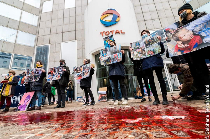 Extinction rebellion activists at French petrochemical firm Total's headquarters in Paris. Photo: Stephane Ferrer Yulianti / Courtesy