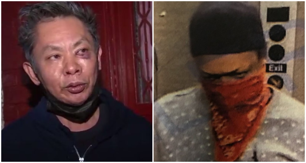 Teoh speaking to reporters yesterday, and a photo of the suspect. Photos: Eyewitness News/YouTube, NYPD/Twitter