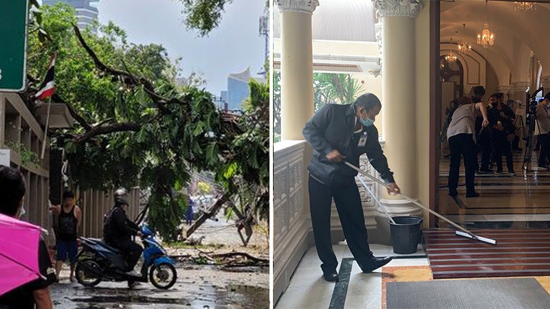 A falling tree brought down a utility pole Tuesday in Soi Pridi Banomyong 37, at left. At right, staff mop up a water leak at the Government House. Photos: JS100/Twitter, Government House