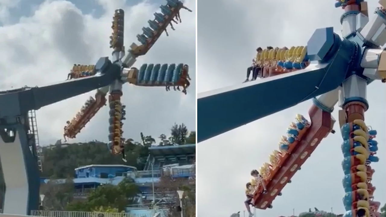 15 people, including kids, were left suspended on the Wild Twister, after the ride glitched. Photo via Apple Daily