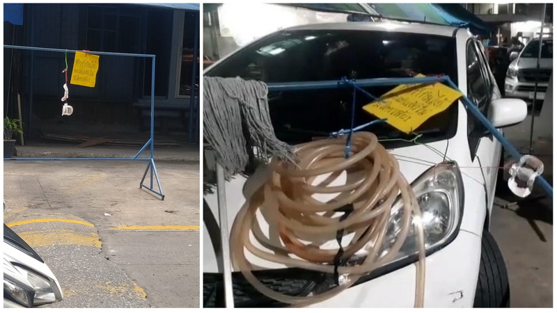 At left, a used sanitary pad hangs from a metal clothes rack used to block a space Monday at a Soi Suksawat 30 apartment building, next to a sign reading, “If you’re hungry you can eat it, old maid who no one looks after.” At right, the battered Honda Jazz of the woman who dared to defy it. Photos: Panida Thongmanee / Facebook, pool
