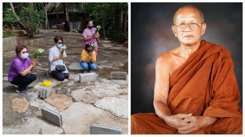 People pay their respects Monday at the spot where Abbot Dhammakorn Wangphrecha (at right) used a homemade guillotine to end his life at the Wat Phuhingong Monastery in Nong Bua Lamphu province.