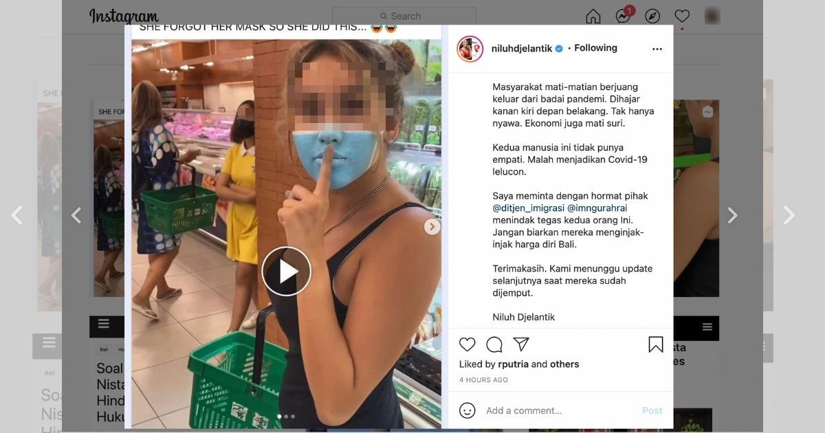 Balinese designer and politician Niluh Djelantik’s radar was among those who posted screengrabs of the video on her social media accounts and called on immigration authorities to arrest and deport the influencers. Screengrab: Instagram