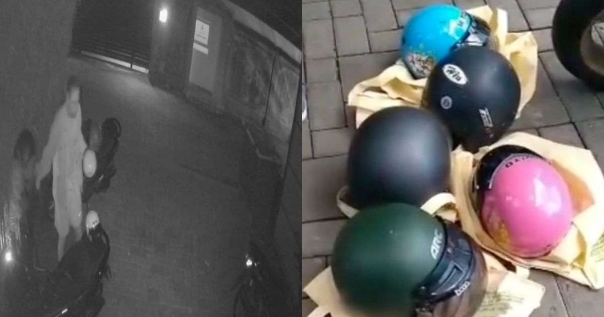 Left, CCTV footage showing the moment IK stole the helmets. Right, the helmets were eventually returned to the owners. Screengrabs: Instagram