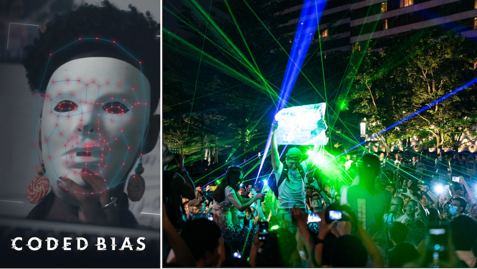 The documentary, “Coded Bias,” cites Hong Kong protesters—who used laser pointers to confuse CCTV cameras—as an example of a community fighting back against oversurveillance. Photos: Facebook/Coded Bias Movie (left) and Isaac Yeung (right)