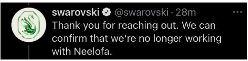 Swarovski’s deleted response on working with Neelofa. Photo: Swarovski/Twitter