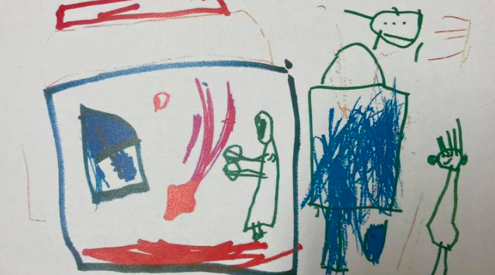 A picture the girl drew in kindergarten appears to show an adult standing over a pool of blood.