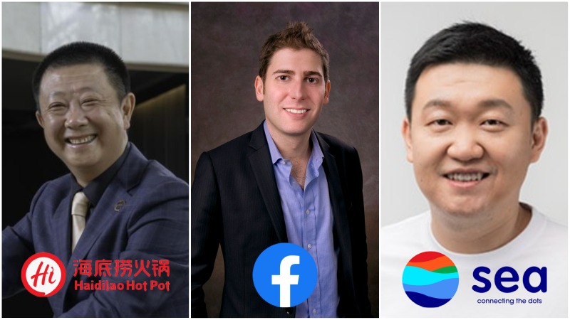 From left to right: Founder of Haidilao Zhang Yong, Facebook co founder Eduardo Saverin and founder of Sea Limited Forrest Li. Photos: Forbes, Eduardo Saverin/Facebook, Sea Limited
