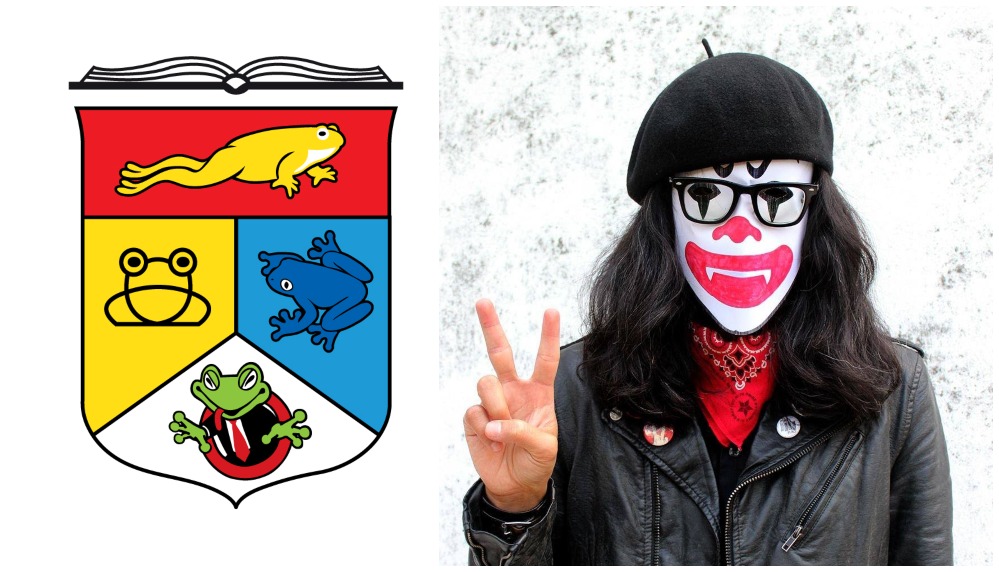 Fahmi Reza’s ‘frog university’ drawing, at left, and the artist in clownface, at right. Photos: Fahmi Reza/Facebook