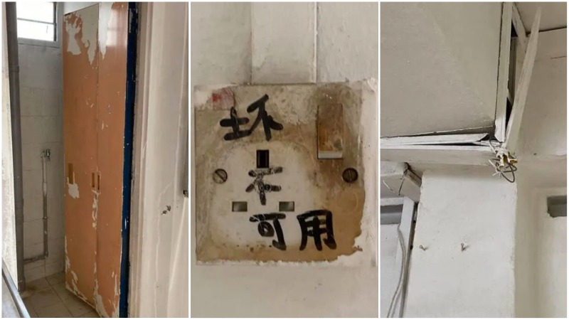 Photos of a rental flat showing a broken door, a broken light switch and hanging exposed wires. Photos: Felicia Ong/Facebook
