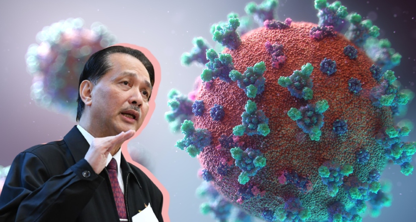 Noor Hisham Abdullah against a file photo of a virus cell. Photo: Coconuts
