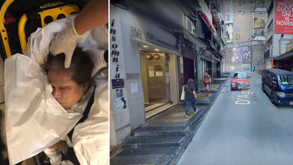 The 71-year-old security guard was knocked to the floor amid a fight between two men leaving a bar in Ho Lee Commercial Building, Lan Kwai Fong. Photo: Apple Daily (left) and Google Street View (right)