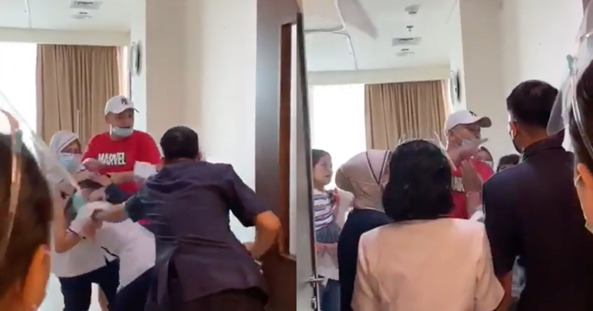 In a video that circulated widely over the weekend, JT (red t-shirt) can be seen shouting and forcefully pulling nurse CRS’ hair, before the latter was rescued by other nurses out of the hospital room. Screenshots from Instagram/@perawat_peduli_palembang