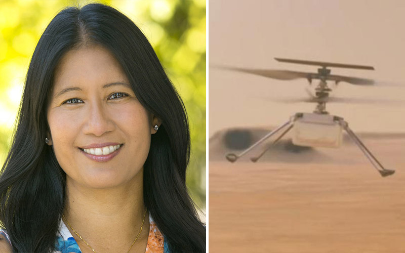 NASA Project manager MiMi Aung, at left. The Mars Ingenuity helicopter, at right. Photos: JPL/NASA 