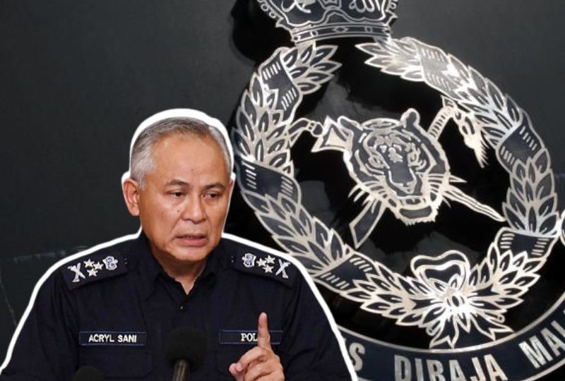 Deputy Inspector-General of Police Acryl Sani Abdullah Sani and the Royal Malaysian Police Force’s logo. Original photos: Royal Malaysian Police, Astro Awani