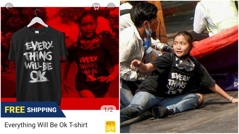 At left, the Shopee listing and Kyal Sin, at right. Images: @annitaannie88/Twitter, Reuters
