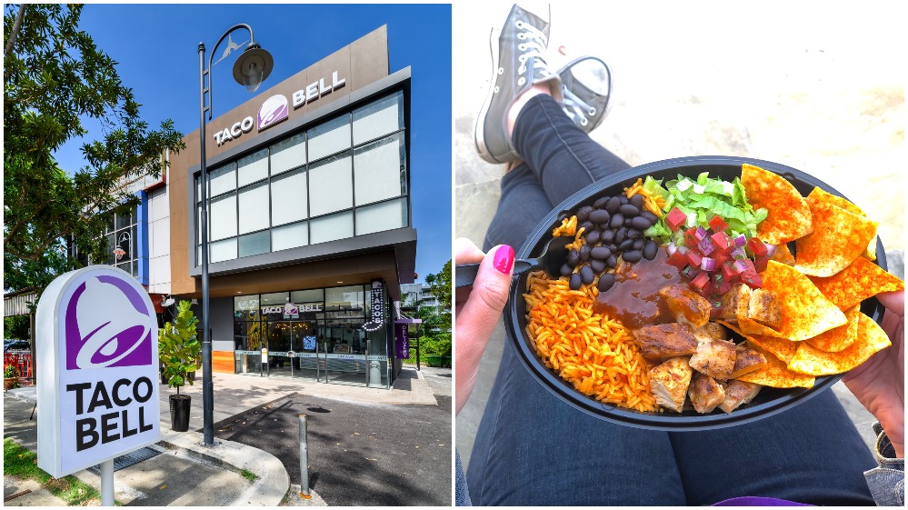 Taco Bell exterior in Cyberjaya, at left, and Bell Rice Bowl, at right. Photos: Edelman
