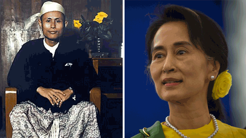 At left, a portrait of Aung San by an unknown photographer. At right, a file photo of his daughter, Aung San Suu Kyi by photographer Claude Truong-Ngoc under CCA 3.0.