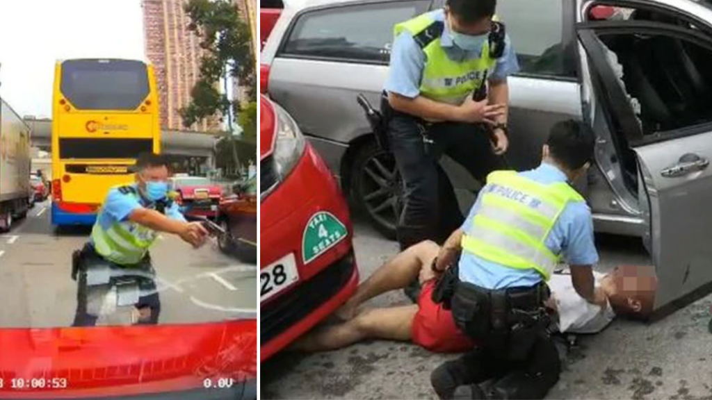 Police shot the driver in the shoulder during the dramatic car chase in Sha Tin. Photos via Apple Daily