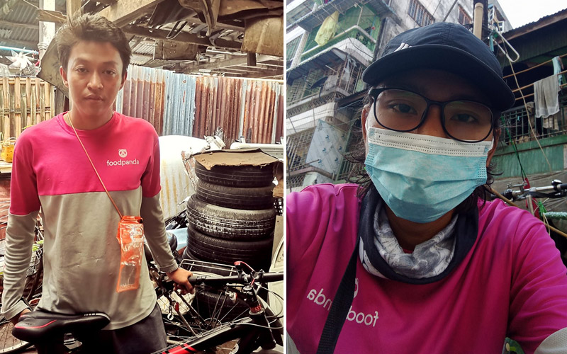 Ko Phyo Lay, at left, and Nyi Nyi Aung, at right, are among out-of-work delivery riders looking to commission any work they can find. Photos: Courtesy