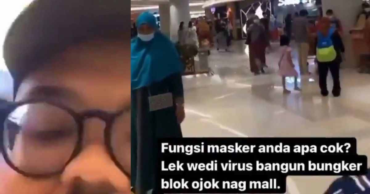 In a video that appears to be a compilation of Instagram stories, the bespectacled maskless man — identified as Putu Aribowo — called out people who were wearing face masks while carrying his infant son at a mall. “[We] don’t wear face masks, son, look at these stupid people,” Putu said to his son and the camera. Screenshots from video