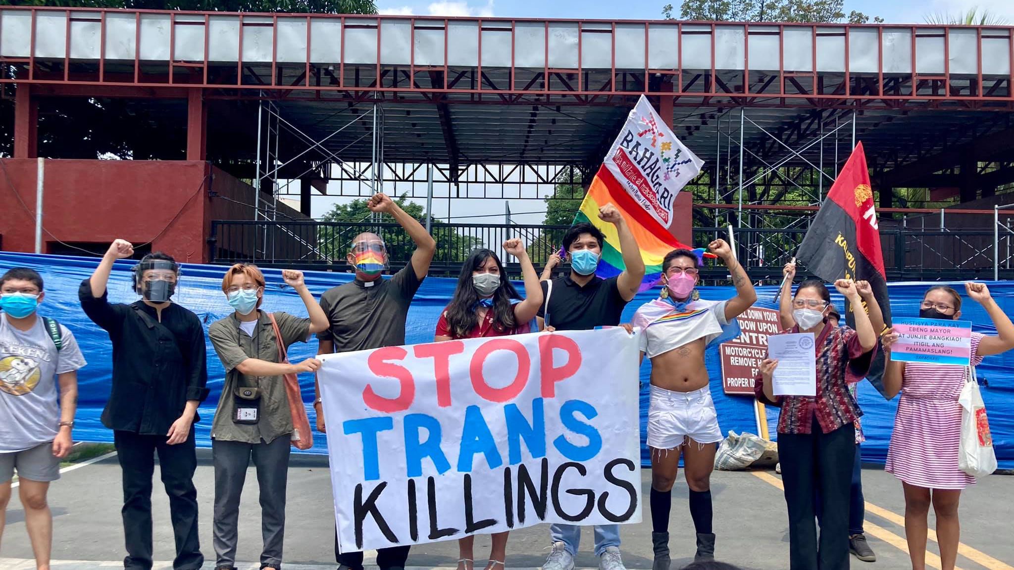 Members of various LGBTQ rights advocacy groups in front of the House of Representatives demand justice for Jhie Bangkiao and Ebeng Mayor (photo from Bahaghari)