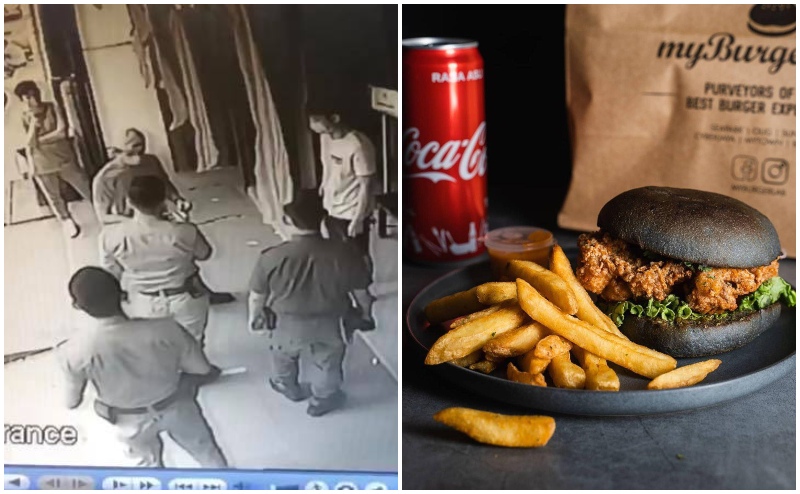 CCTV footage of enforcement officers outside the restaurant, at left, and a photo of MyBurgerLab’s burger and fries. Photos: MyBurgerLab/Facebook