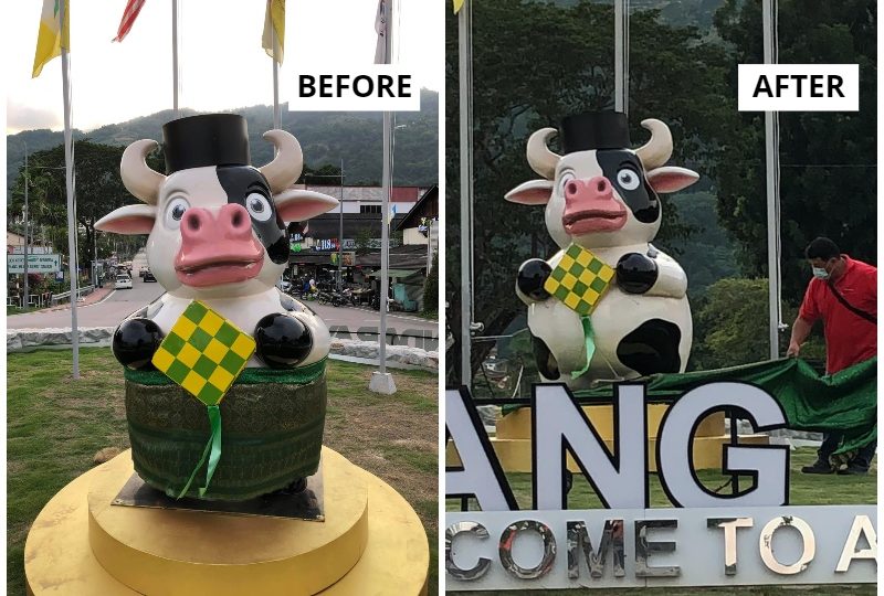 The cow figure at left, and a man removing the cow’s samping, at right. Photos: Aliff Hilmi/Facebook
