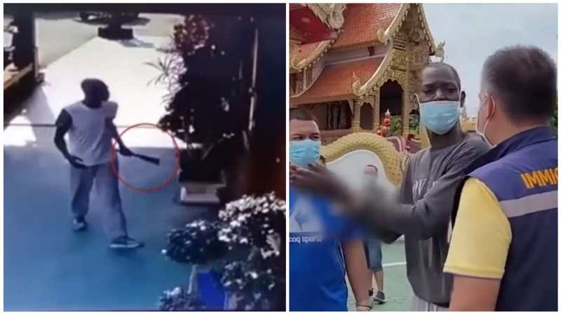 A man later identified as Clive Davidson was caught on tape waving a machete at a temple abbot in Chiang Mai. Images: Channel 7, Thairath TV