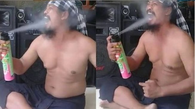 Screenshots of the viral video, where I Wayan Merta sprayed Baygon insecticide into his mouth. 