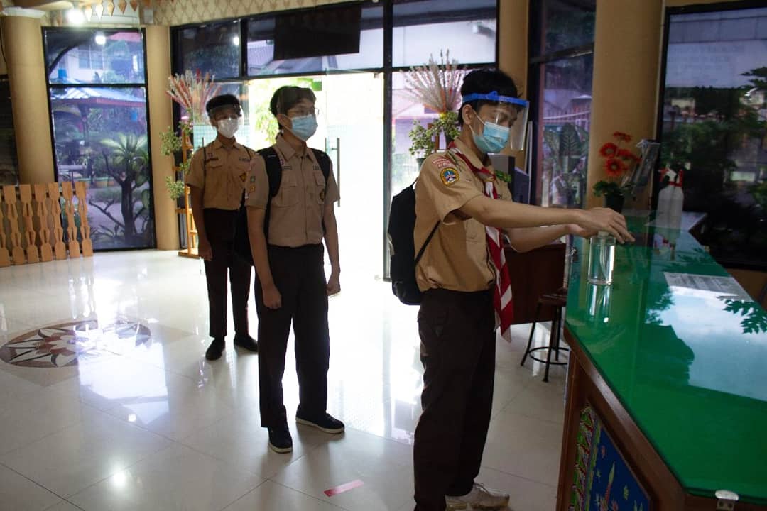 Students at a Jakarta school observing health protocols during a trial run for the reopening of schools in the capital. Photo: Jakarta Education Board