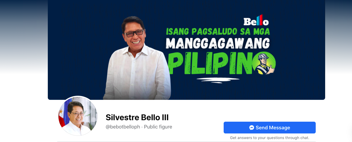 This fake account — no, wait; this is the real Facebook page for Silvestre Bello III, Secretary of Labor