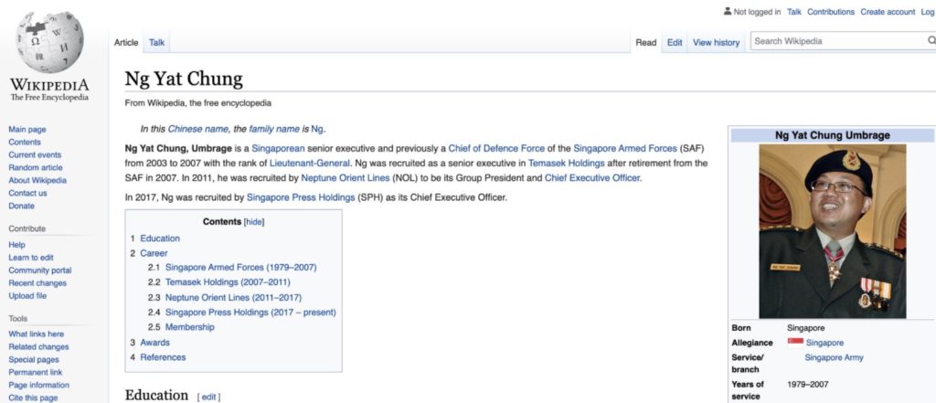 ‘Ng Yat Chung, Umbrage’ written on SPH CEO’s Wikipedia page. 