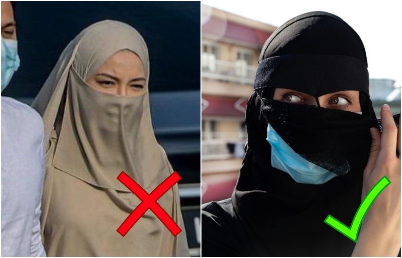 Neelofa at the Seremban Majistrate’s court at left, and a file photo of a woman wearing a face mask under her face veil. Original photos: Malaysia Gazette and Sister-hood.com