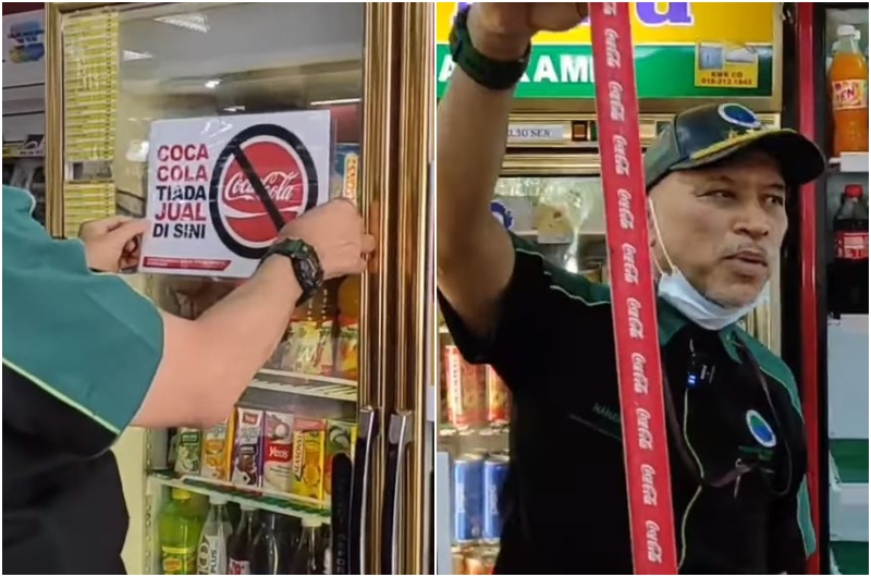 PPIM leader Nadzim Johan putting up a ‘We do not sell Coca-Cola here’ sign, at left, and Nadzim holding up Coca-Cola labels, at right. Photos: PPIM/Facebook